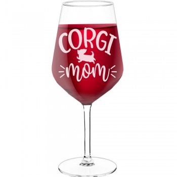 Vīna Glāze Ar Gravējumu ar Uzrakstu - "Corgi Mom", Apsrātīga Dāvana, 530ml izmērs