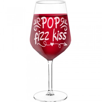 Birthday Wine Glass With Engraved Text - "Pop Fizz Kiss 2", Gifts for Wine Lovers, Size 530ml