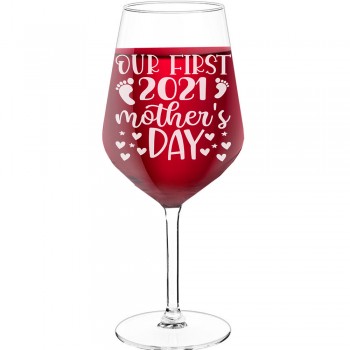 Stikla Vīna Glāze ar Uzrakstu - "Our First 2021 Mothers Day", Interesanta Dāvana, Izmērs 530ml