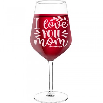 Pretty Wine Glass With Engraved Text - "I Love You Mom", Wine Glass as a Gift, Size 530ml