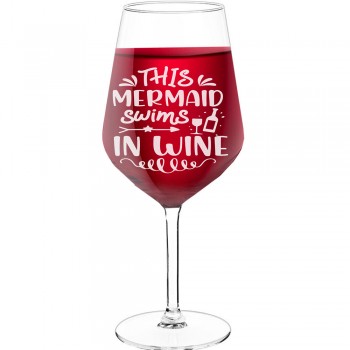 Best Friend Wine Glass With Engraved Text  "This Mermaid Swims In Wine", Size 530ml