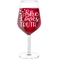 Pretty Wine Glass With Engraved Text - "She Loves Truth', Birthday Gift Idea, Size 530ml