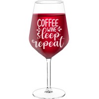 Red Wine Glass With Engraved Text  "Coffee Wine Sleep Repeat", Size 530ml