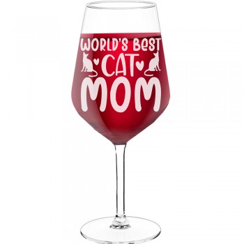 Wine Glass For Men With Engraved Text - "Worlds Best Cat Mom-2", Wine Glass as a Gift, Size 530ml