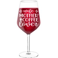 Best Friend Wine Glass With Engraved Text - "Wife Mother Coffee Lover", Funny Wine Gift, Size 530ml