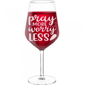 Novelty Wine Glass With Engraved Text  "Pray More", Wine Glass Size 530ml